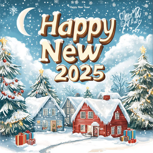 Joyous New Year with festive decorations and snowy landscape