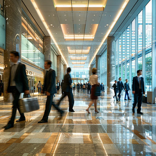 The hustle of a busy corporate lobby