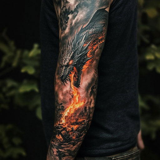 Dragon sleeve tattoo with fire-breathing dragon over battlefield