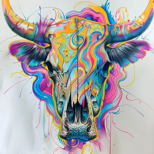 Psychedelic cow skull sketch with swirling tie-dye patterns