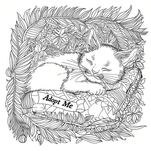 Sleeping kitten on a bed with an "Adopt Me" pillow