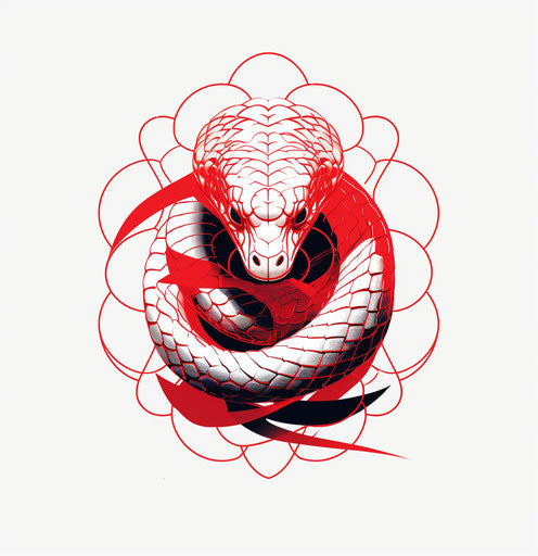 Minimalist geometric outline drawing of a white and crimson snake