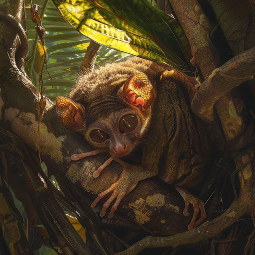 Tarsier in rare sunlight in dense forest