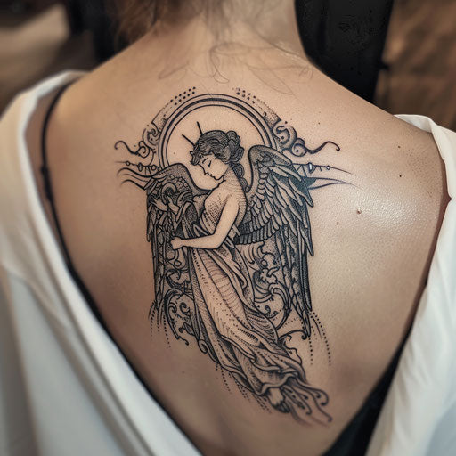 Guardian angel tattoo inspired by folklore, mythical motifs on white