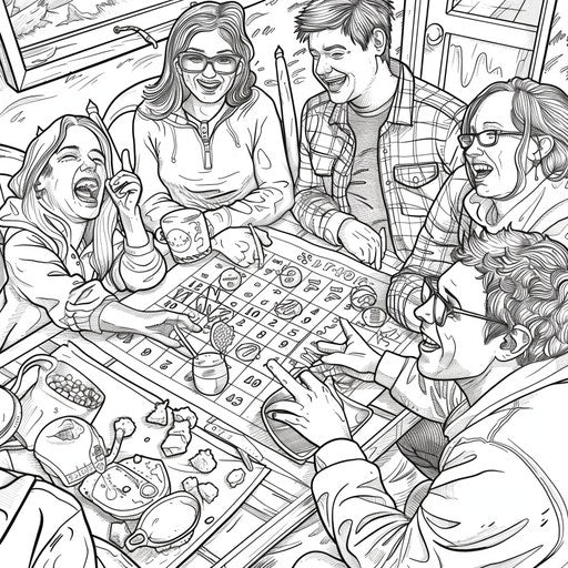 Energetic bingo game among friends, coloring page