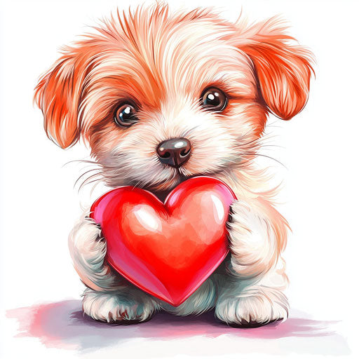 Cute puppy holding heart, red and pink airbrush style