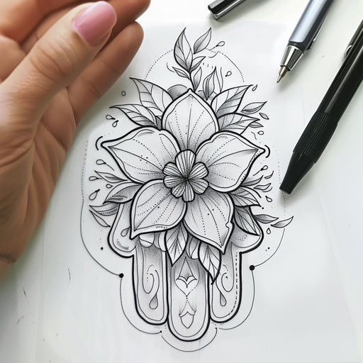 Detailed sketch of a hamsa tattoo with fine line art and floral motifs on a clean white background