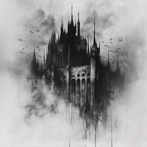 Flat gothic tattoo sketch of an obsidian castle in mist