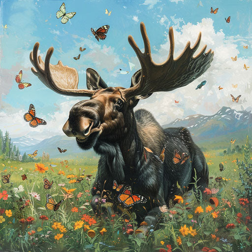 A moose calf playing in a field with butterflies