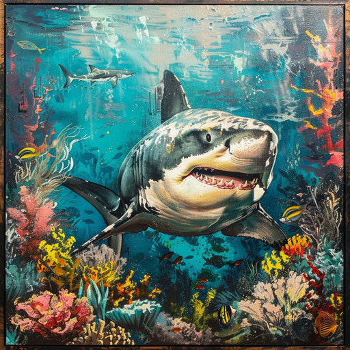 Great white shark with coral reefs and marine life