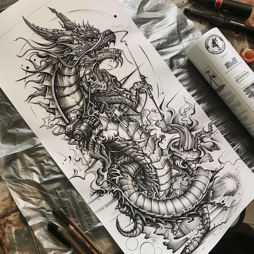 Sketch of a mechanical fire-breathing dragon tattoo, full sleeve for men