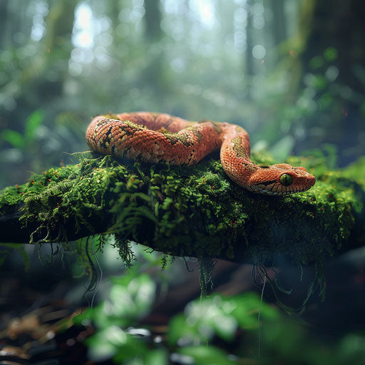 Copperhead snake on a moss-covered log