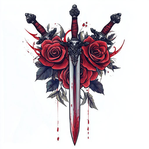 Sketching mafia tattoos with blood-red roses and daggers on pure white background