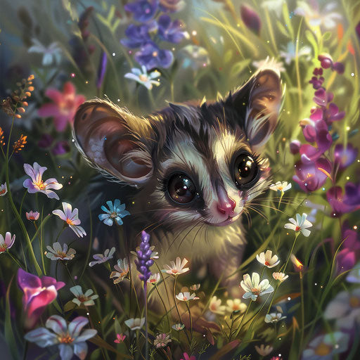 Curious sugar glider behind wildflowers