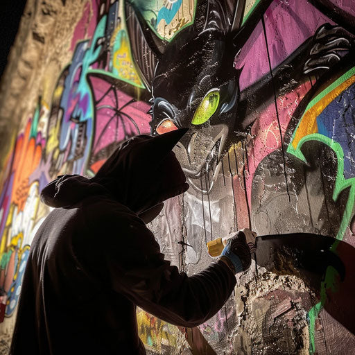 Bat graffiti artist creating vibrant murals on city walls at night