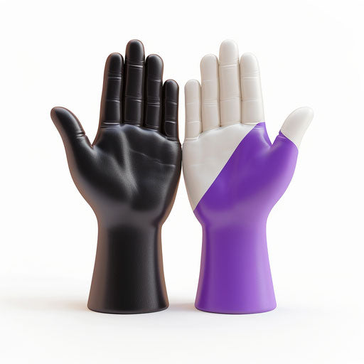 3D icon of two hands high five, one black and the other white with purple sleeve
