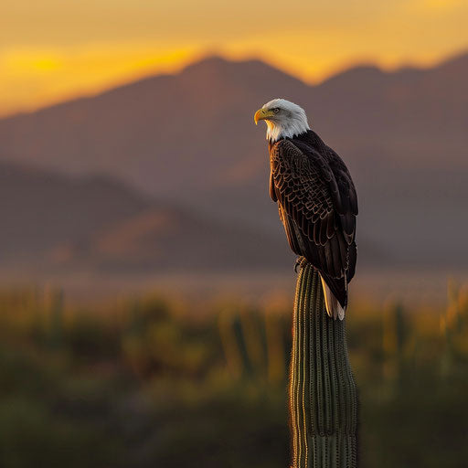 American eagle on a cactus in the Sonoran Desert at sunset