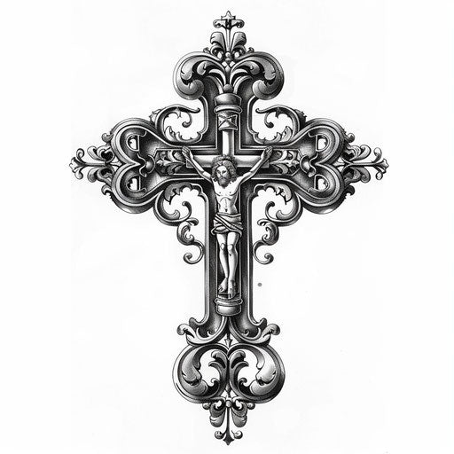 Detailed drawing of a gothic cross tattoo design