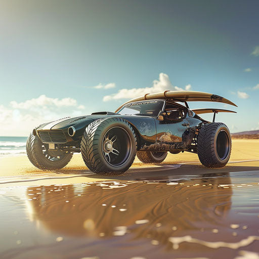 Shelby Daytona beach buggy with sand tires and surfboards