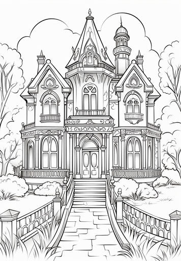 Black and white Halloween coloring pages, architectural style