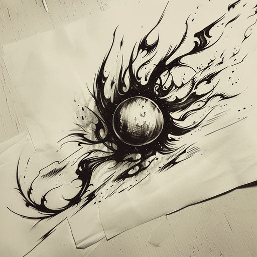 Black pearl surrounded by a ring of fire in tribal style