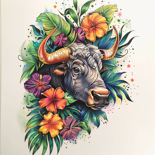 Vibrant tattoo sketch of the Taurus constellation with a tropical theme