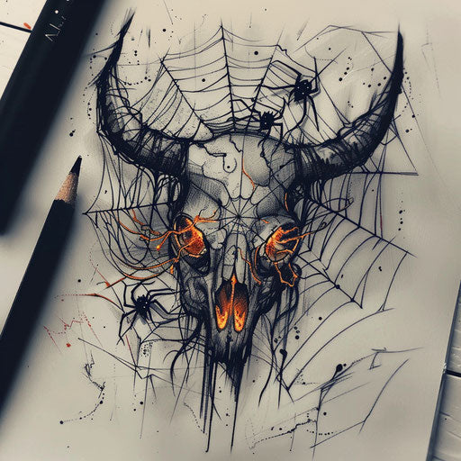 Creepy tattoo sketch of a cow skull with spider webs and glowing eyes in a dark, eerie style