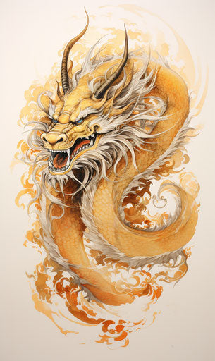 The golden dragon on a white background, in the style of Akihiko Yoshida