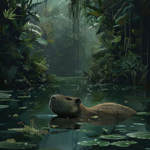 A capybara swimming in a calm pond surrounded by lush vegetation