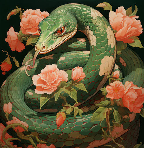 Portrait of green snake and roses, simplified compositions style, exotic, Japanese traditional, light red and emerald, commission for, symbolic 75:77