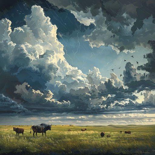 Animals on the prairie under a stormy sky