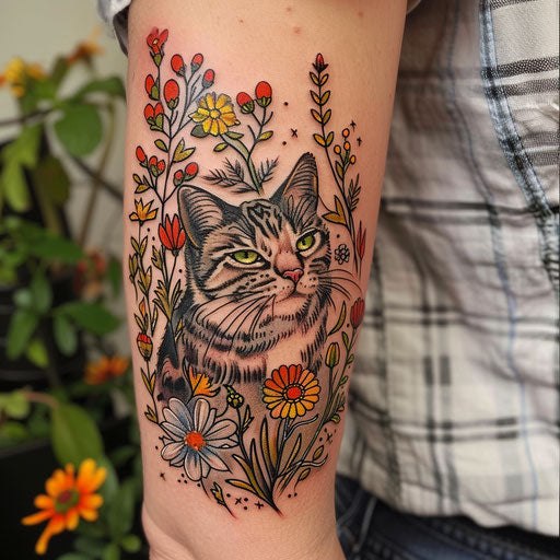 Wildflower tattoo with playful cat, bright colors, detailed feline