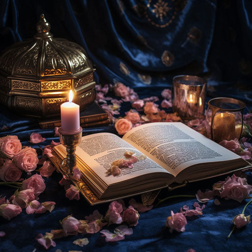 White Muslim book, pink flowers, Islamic candle on blue carpet