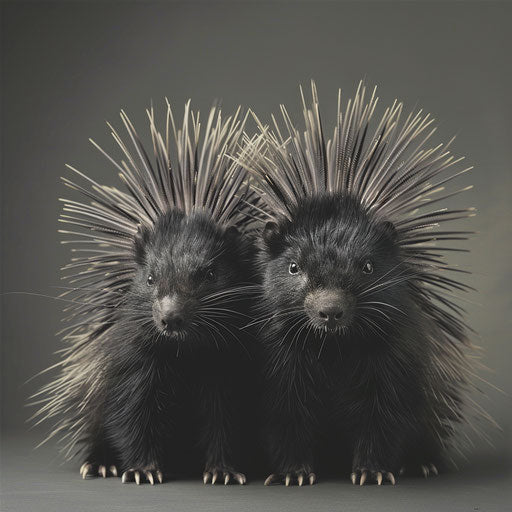 Porcupines striking regal poses, akin to Tim Flach's style