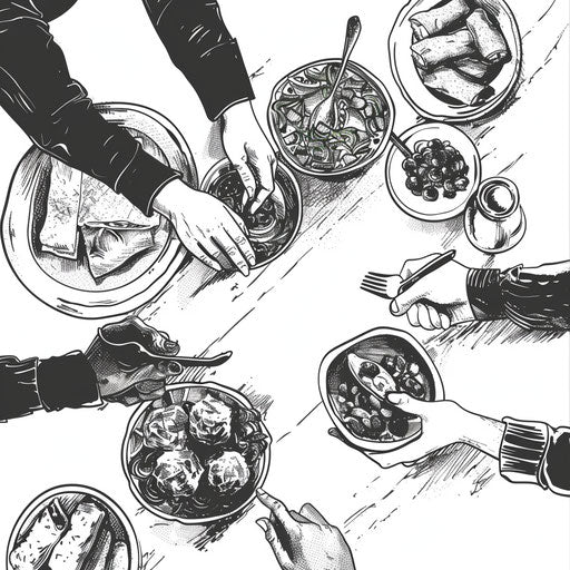 Potluck dinner table seen from above in black and white