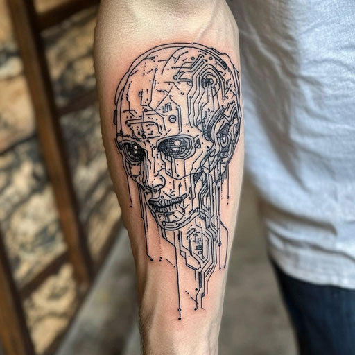 Inner forearm tattoo of a cyborg with circuitry patterns