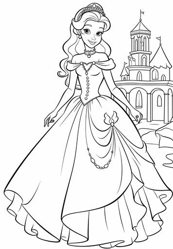 Princess coloring pages to print, in playful cartoony frontal perspective style