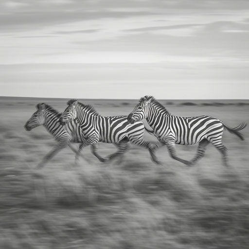 Zebras running on the plains, dynamic action shot, in the style of Will Burrard-Lucas