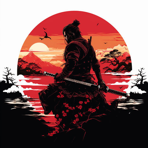 Japanese samurai in outline, sandalpunk style, detailed