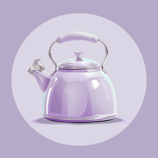 Realistic kettle on soft lavender background