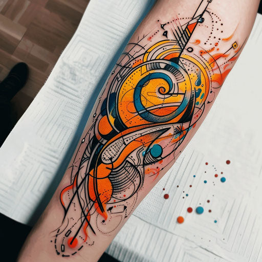 Contemporary tattoo sketch of a rising sun with abstract and fluid shapes in bright colors