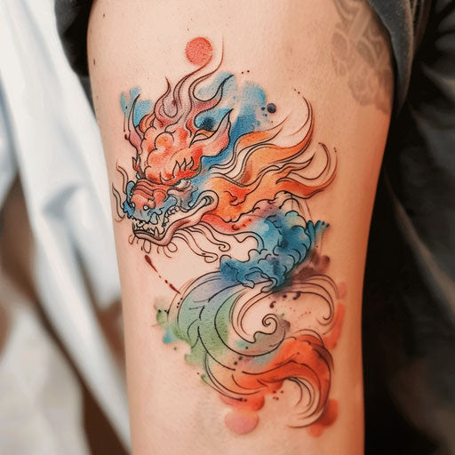 Watercolor foo dog tattoo with flowing edges