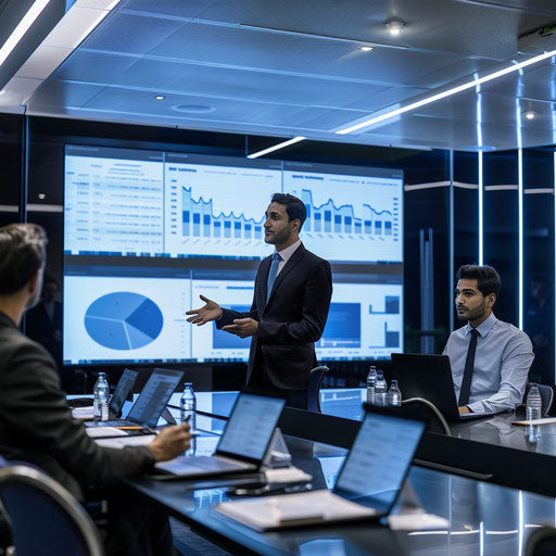 Presentation of financial data to a group of executives in a high-tech boardroom
