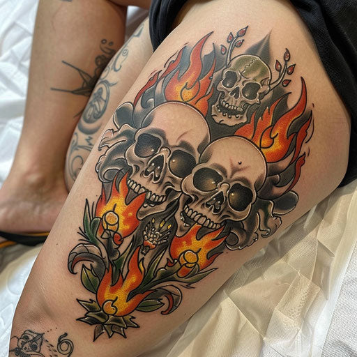 Thigh tattoo of traditional skulls and flames