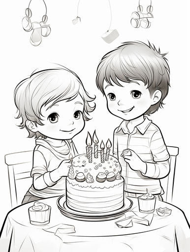 Children eating birthday cake coloring, bess hamiti style