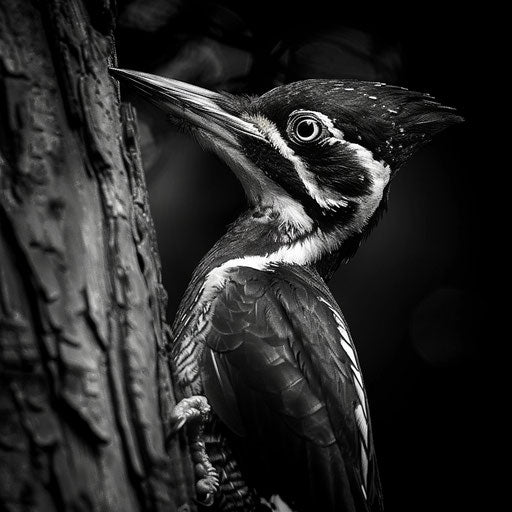 Ivory billed woodpecker in black and white, highlighting its striking features, in the style of Laurent Baheux