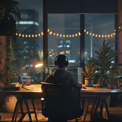 Tech entrepreneur coding late night in startup hub