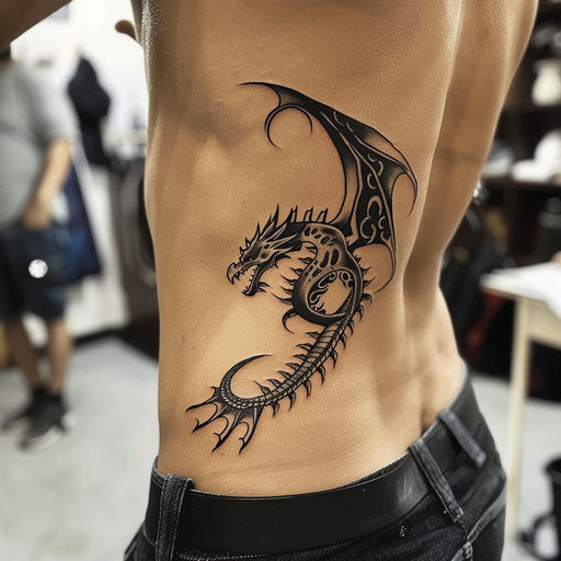Tribal dragon rib tattoos, Humberto Ramos style