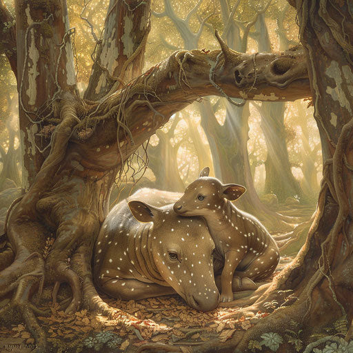 Baird's tapir and baby cuddling in a warm sunlit clearing