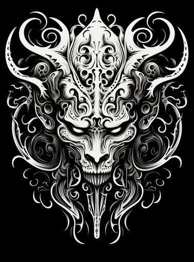 Black and white tribal design in whimsical animal symbolism